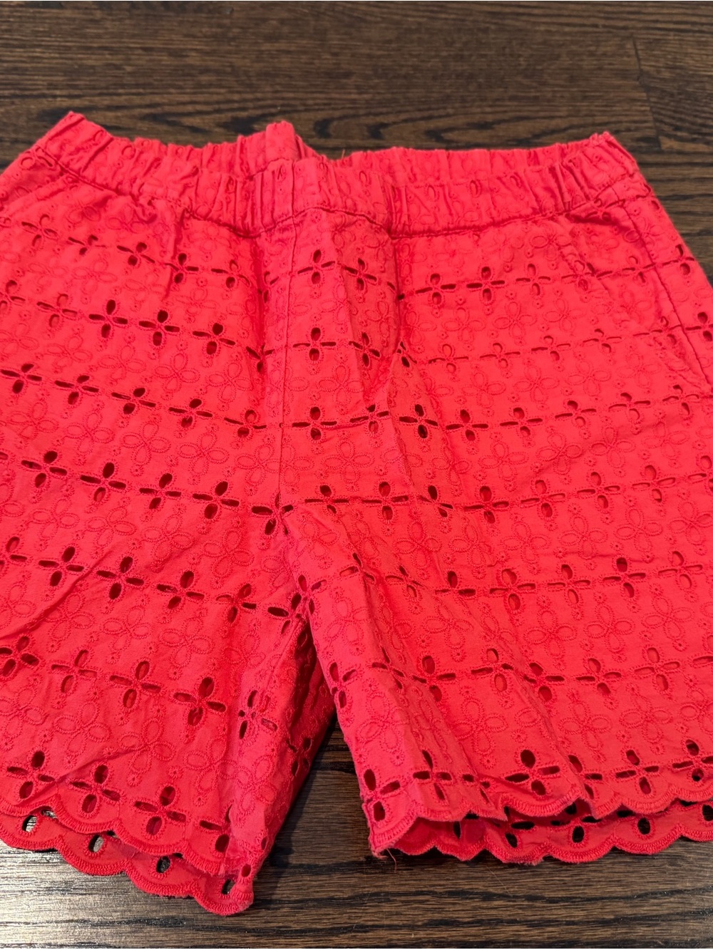 Hanna Andersson Girls Red Eyelet Scallop Cotton Shorts Pockets Size 10 140cm